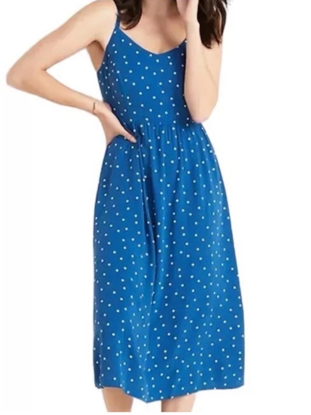 Old Blue with White Polka Dot Midi Dress